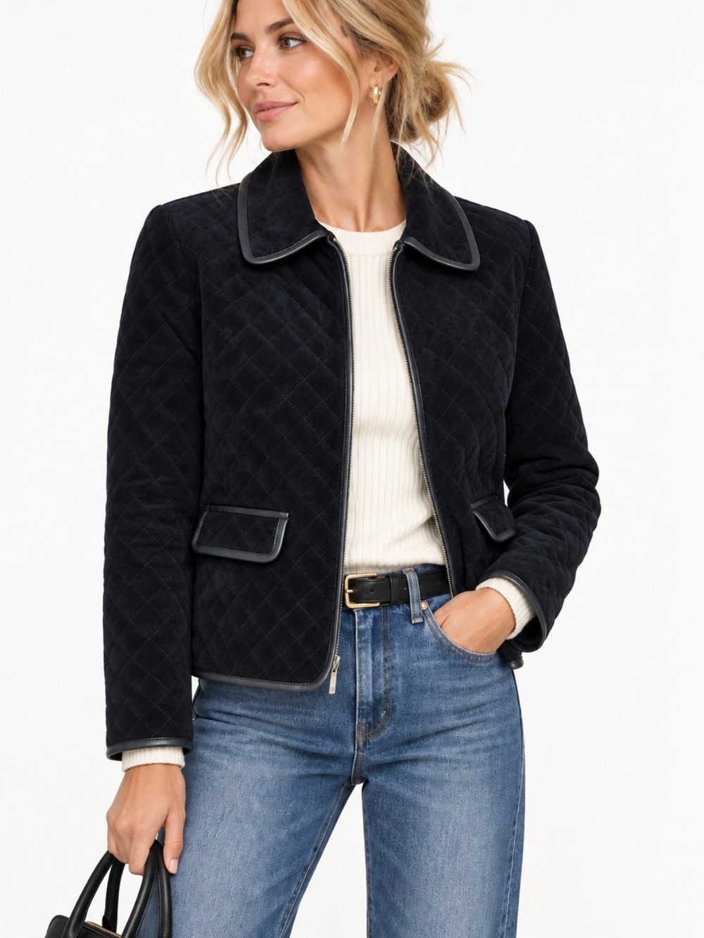 Kate Hill, 100% Leather Black Quilted Suede Jacket Quiet Luxury, Size 4